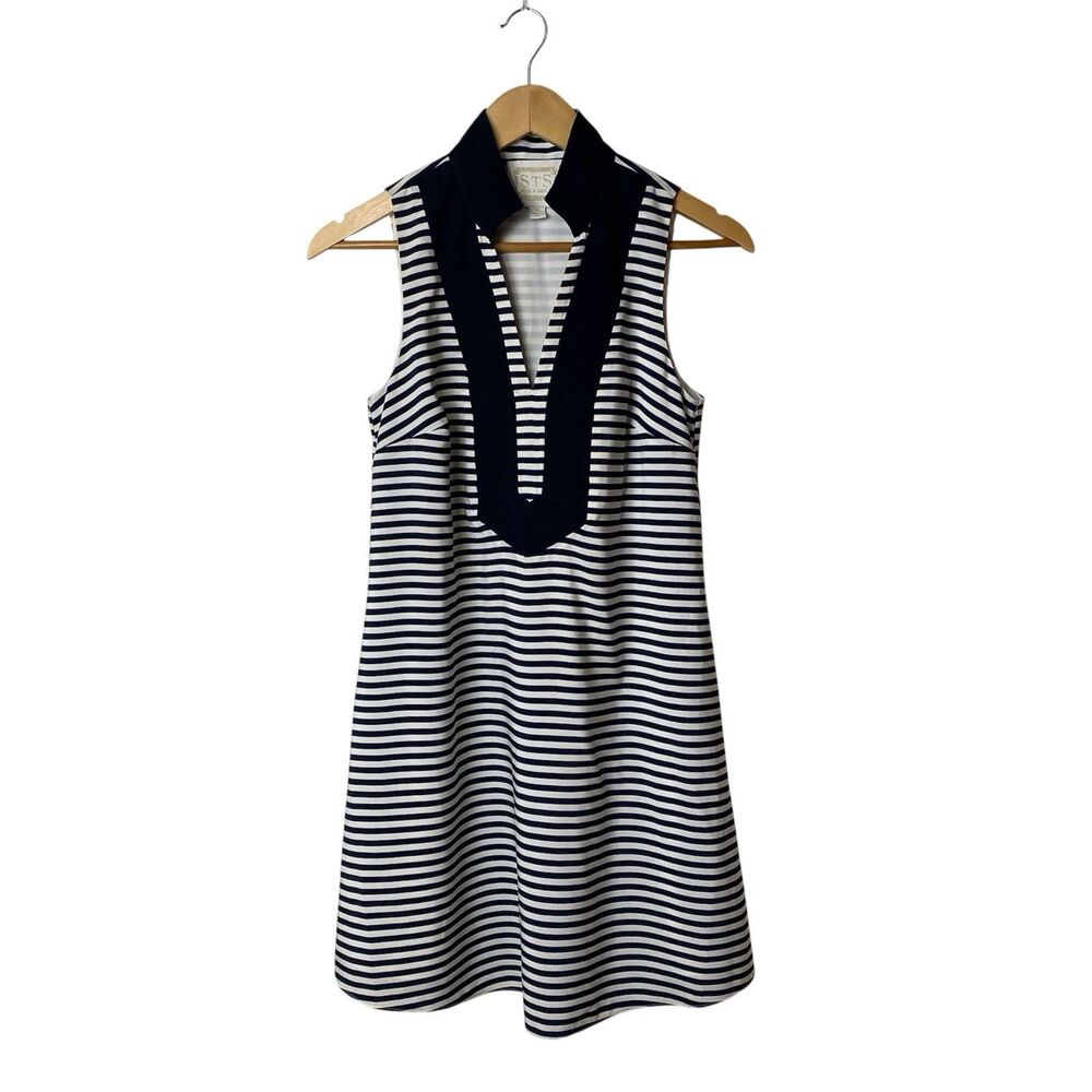 Sail to Sable Striped V-Neck Knit Shift Dress Navy White Sleeveless XS Nautical